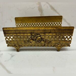 Vintage Gold Toned Metal Tissue Box Stand Rose Detail